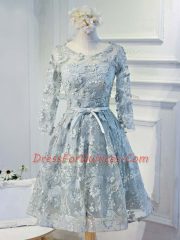 Knee Length Grey Homecoming Dress Organza Long Sleeves Lace and Appliques and Belt