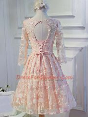 Knee Length Grey Homecoming Dress Organza Long Sleeves Lace and Appliques and Belt
