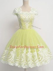 Luxury Knee Length Yellow Green Dama Dress Square Cap Sleeves Zipper