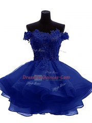 Fantastic A-line Prom Party Dress Royal Blue Off The Shoulder Organza Sleeveless Mini Length Zipper