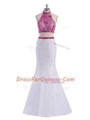 Floor Length White Prom Gown Halter Top Sleeveless Criss Cross