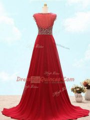 Sexy Wine Red Empire Scoop Sleeveless Chiffon Brush Train Lace Up Beading Prom Dresses