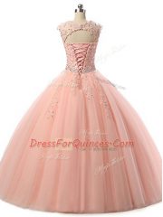 Customized Peach Ball Gowns Tulle Scoop Sleeveless Beading and Lace Floor Length Lace Up Sweet 16 Dress