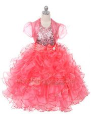 Cheap Scoop Sleeveless Lace Up Little Girls Pageant Dress Coral Red Organza