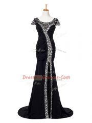 Mermaid Cap Sleeves Black Prom Party Dress Brush Train Zipper
