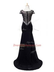 Mermaid Cap Sleeves Black Prom Party Dress Brush Train Zipper
