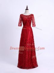 Top Selling Column/Sheath Evening Dress Red Scoop Tulle Half Sleeves Lace Up