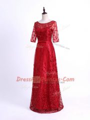 Top Selling Column/Sheath Evening Dress Red Scoop Tulle Half Sleeves Lace Up