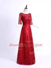 Top Selling Column/Sheath Evening Dress Red Scoop Tulle Half Sleeves Lace Up