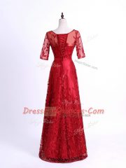 Top Selling Column/Sheath Evening Dress Red Scoop Tulle Half Sleeves Lace Up