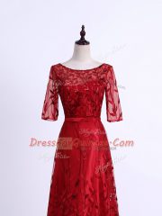 Top Selling Column/Sheath Evening Dress Red Scoop Tulle Half Sleeves Lace Up