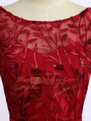 Top Selling Column/Sheath Evening Dress Red Scoop Tulle Half Sleeves Lace Up
