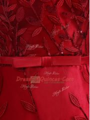 Top Selling Column/Sheath Evening Dress Red Scoop Tulle Half Sleeves Lace Up