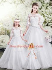 Scoop Half Sleeves Tulle Vestidos de Quinceanera Lace Brush Train Lace Up
