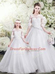 Scoop Half Sleeves Tulle Vestidos de Quinceanera Lace Brush Train Lace Up