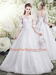 Scoop Half Sleeves Tulle Vestidos de Quinceanera Lace Brush Train Lace Up