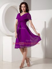 Charming Ruching Eggplant Purple Zipper Short Sleeves Knee Length