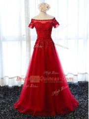 Wine Red A-line Tulle Scalloped Short Sleeves Beading and Lace and Appliques Floor Length Lace Up Homecoming Dress