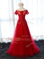 Wine Red A-line Tulle Scalloped Short Sleeves Beading and Lace and Appliques Floor Length Lace Up Homecoming Dress