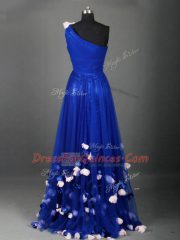 Glittering Sleeveless Side Zipper Floor Length Beading and Hand Made Flower Prom Gown