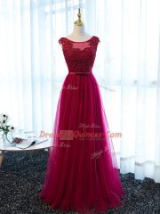 Free and Easy Fuchsia Empire Tulle Scoop Sleeveless Beading and Lace and Appliques and Belt Floor Length Lace Up Prom Party Dress