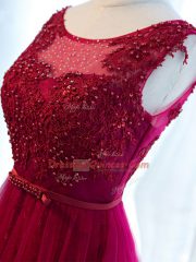 Free and Easy Fuchsia Empire Tulle Scoop Sleeveless Beading and Lace and Appliques and Belt Floor Length Lace Up Prom Party Dress