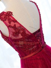 Free and Easy Fuchsia Empire Tulle Scoop Sleeveless Beading and Lace and Appliques and Belt Floor Length Lace Up Prom Party Dress