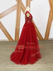 Lovely Red A-line V-neck Sleeveless Tulle Floor Length Criss Cross Lace and Appliques Evening Dress