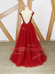 Lovely Red A-line V-neck Sleeveless Tulle Floor Length Criss Cross Lace and Appliques Evening Dress