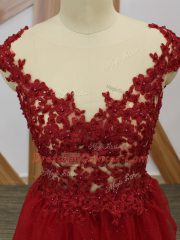 Lovely Red A-line V-neck Sleeveless Tulle Floor Length Criss Cross Lace and Appliques Evening Dress