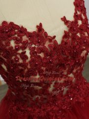 Lovely Red A-line V-neck Sleeveless Tulle Floor Length Criss Cross Lace and Appliques Evening Dress