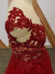 Lovely Red A-line V-neck Sleeveless Tulle Floor Length Criss Cross Lace and Appliques Evening Dress