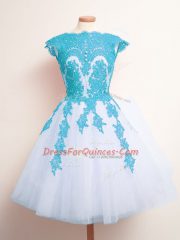 Admirable Blue And White Tulle Lace Up Scalloped Sleeveless Knee Length Vestidos de Damas Appliques