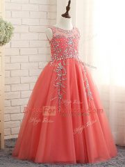 Wonderful Sleeveless Tulle Floor Length Zipper Kids Pageant Dress in Watermelon Red with Beading