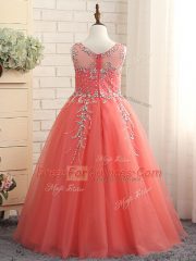 Wonderful Sleeveless Tulle Floor Length Zipper Kids Pageant Dress in Watermelon Red with Beading