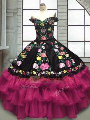 Custom Design Multi-color Off The Shoulder Lace Up Embroidery and Ruffled Layers 15 Quinceanera Dress Sleeveless