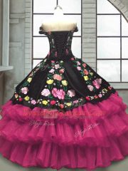 Custom Design Multi-color Off The Shoulder Lace Up Embroidery and Ruffled Layers 15 Quinceanera Dress Sleeveless