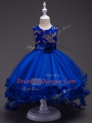Fancy High Low Royal Blue Kids Formal Wear Tulle Sleeveless Appliques and Hand Made Flower