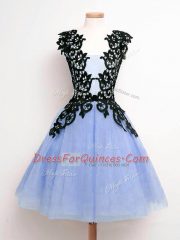 Perfect Sleeveless Knee Length Lace Lace Up Dama Dress for Quinceanera with Light Blue