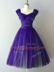 Nice Purple Cap Sleeves Ruching Knee Length Quinceanera Court of Honor Dress