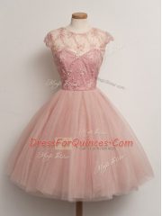 Peach Ball Gowns Tulle Scoop Cap Sleeves Lace Knee Length Lace Up Court Dresses for Sweet 16