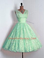 Apple Green A-line Lace V-neck Sleeveless Lace Mini Length Lace Up Quinceanera Dama Dress