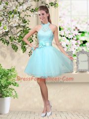 Captivating Lace and Belt Court Dresses for Sweet 16 Aqua Blue Lace Up Sleeveless Knee Length