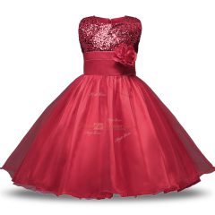 Knee Length Wine Red Flower Girl Dresses for Less Scoop Sleeveless Zipper