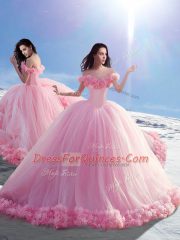 Brush Train Ball Gowns Quinceanera Gown Baby Pink Off The Shoulder Tulle Sleeveless Lace Up