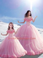 Brush Train Ball Gowns Quinceanera Gown Baby Pink Off The Shoulder Tulle Sleeveless Lace Up