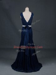 Inexpensive Column/Sheath Evening Dress Navy Blue Scoop Lace Sleeveless Floor Length Backless