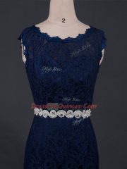 Inexpensive Column/Sheath Evening Dress Navy Blue Scoop Lace Sleeveless Floor Length Backless