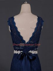 Inexpensive Column/Sheath Evening Dress Navy Blue Scoop Lace Sleeveless Floor Length Backless