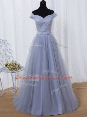 Ideal Lavender Sleeveless Ruching and Belt Floor Length Homecoming Dress